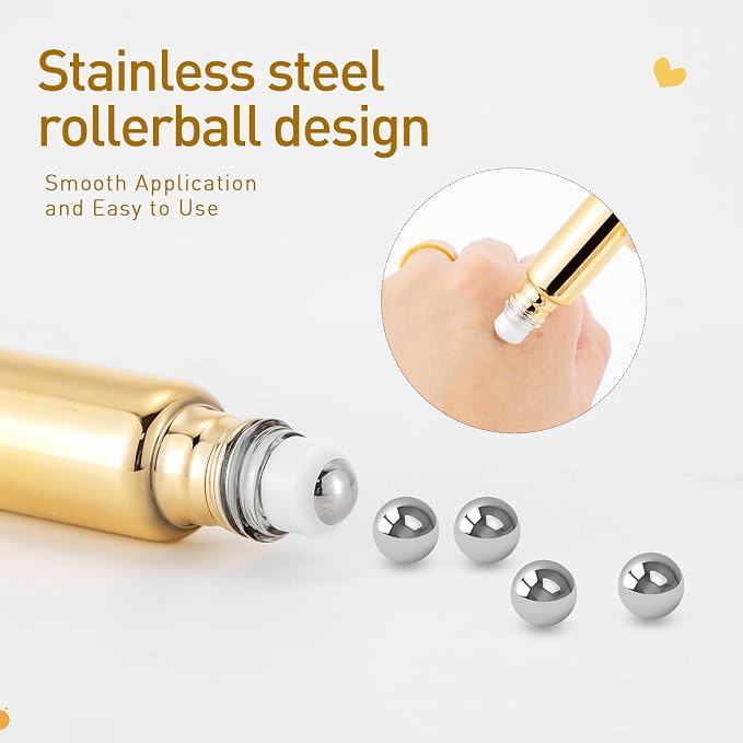 Kesell 10ml Glass Roller Bottles, 6-Pack Gold | Stainless Steel Rollerball, Perfume Vials, Empty Refillable, for Essential Oils, Aromatherapy, Travel, DIY
