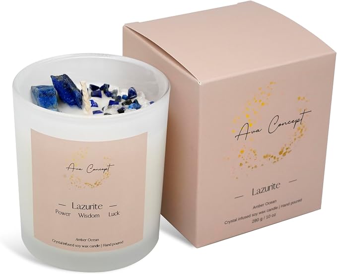 Lazurite Crystal Candle – 10oz / 280g | Amber Ocean Aromatherapy | Hand-Poured Soy Wax | Genuine Lapis Lazuli Healing Crystals Embedded | Power, Wisdom & Luck | Gift Box Included