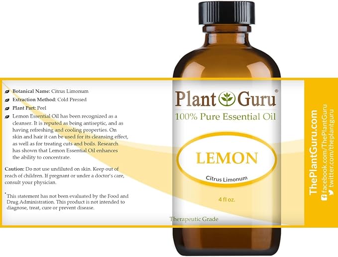 Lemon Essential Oil 4 oz 100% Pure Undiluted Therapeutic Grade Cold Pressed from Fresh Lemon Peel, Great for Aromatherapy Diffuser, Relaxation and Calming, Natural Cleaner