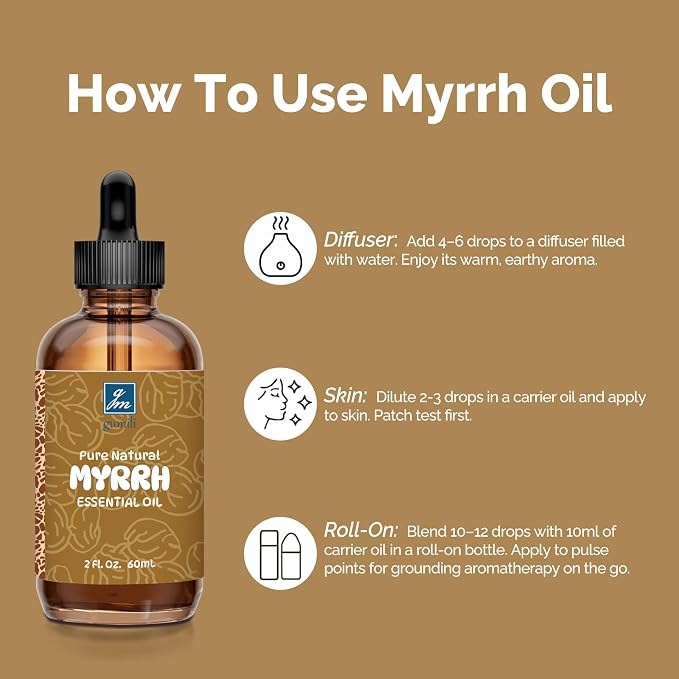 GM Gumili Myrrh Essential Oil 2 Oz, 100% Pure Natural Myrrh Oil for Diffuser, Skin, Hair, Body & Face, Massage, DIY & Home Use