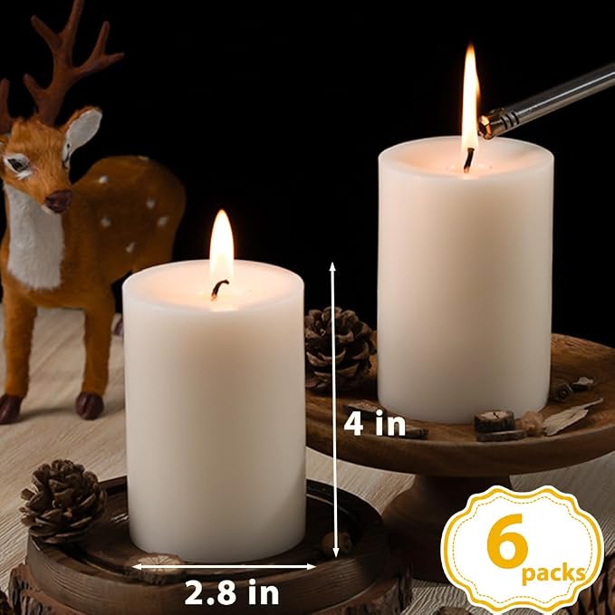 Unscented Ivory Pillar Candles Set of 6-2.8x4 inch - Dripless and Smokeless Large Pillar Candles, 50-Hours Long Burning Time Paraffin Candle for Dinner Table, Christmas and Home Decor