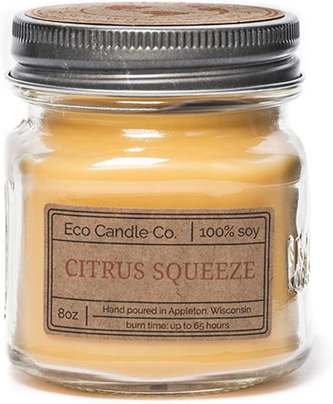 ECO CANDLE CO. Mason Jar Candle, Citrus Squeeze, 8 oz. - Scents of Orange, Tangerine, Grapefruit, Lemon, & Lime - 100% Soy Wax, No Lead, Kraft Label & Antiqued Pewter Lid, Hand Made, Midwest Soybeans