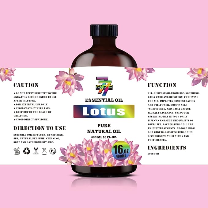 Lotus Essential Oil, Lotus Oils, for Diffuser, Meditation, Yoga, Massage, Humidifier, DIY Candles, Soap, Home, Office, Gift, Essential Oil, GV77ZF Lotus Fragrance Oil - 16 fl oz (480 ml)