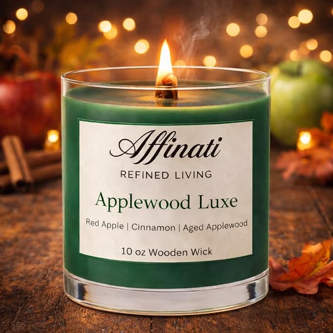 Affinati Applewood Luxe Scented Candle, 10 oz Wooden Wick Tumbler Jar – Highly Fragrant Crisp Red Apple & Wood Aromatherapy, Orchard Soy Gift