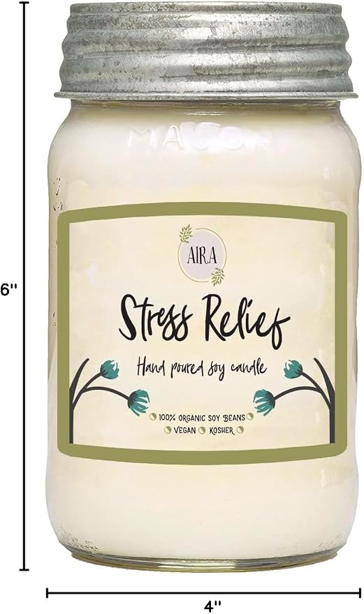 Aira Soy Candles - Organic, Kosher, Vegan, in Mason Jar w/Therapeutic Grade Essential Oil Blends - Hand-Poured 100% Soy Candle Wax - Paraffin Free, Burns 110+ Hours -Relaxing Stress Relief -16 Ounces
