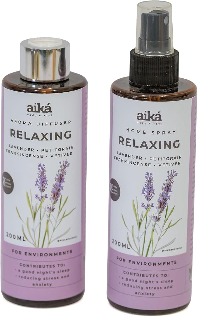 Aika Relaxing Body Care Set – Aroma Diffuser 200ml + Home Spray 200ml – Lavender, Vetiver, Frankincense & Petitgrain Essential Oils – Calming, Stress Relief, Sleep Support, Skin Hydration