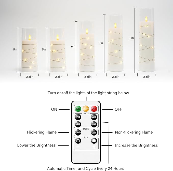kakoya Flameless LED Candles with Timer 5 Pc Flickering Flameless Candles for Romantic Ambiance and Home Decoration Stable Acrylic Shell,with Embedded Star String，Battery Operated Candles（White）