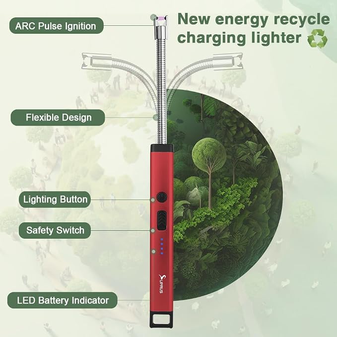 SUPRUS Rechargeable Candle Lighter Electric Arc Triple Safety Long Lighter Stainless Steel Shell & Hanging Hook (Red)