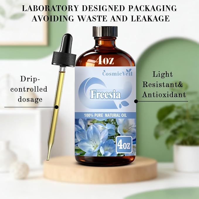 Freesia Essential Oil Freesia Oil for Aroma Diffuser,Humidifier,Home Fragrance,Cleaning,Body Care,Massage,Yoga,DIY Candle,DIY Soap CosmicVeil（Freesia，4 Fl Oz (Pack of 1)）