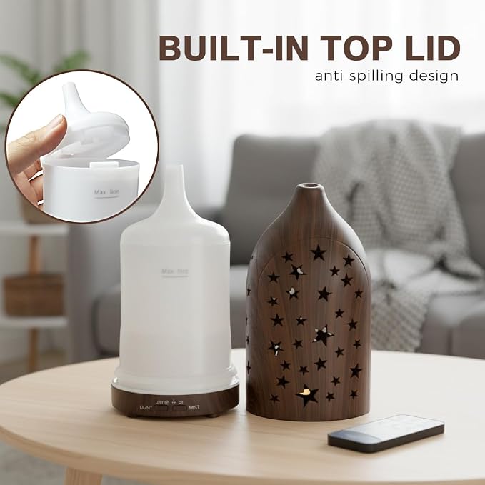 Aromatherapy Diffusers,7.1''x3.5''Diffuser with 3 Essential Oil Set,Small 200ml Office Desk Humidifier with 7 LED Colors Night Lights,Waterless Auto-Off for Home Decor Gift (Star Dark Wood Grain)