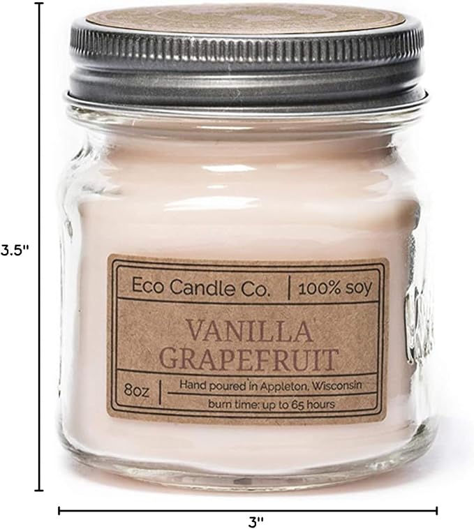 ECO CANDLE CO. Mason Jar Candle, Vanilla Grapefruit, 8 oz. - Scents of Vanilla & Pink Grapefruit - 100% Soy Wax, No Lead, Kraft Label & Antiqued Pewter Lid, Hand Poured, Midwest Grown Soybeans