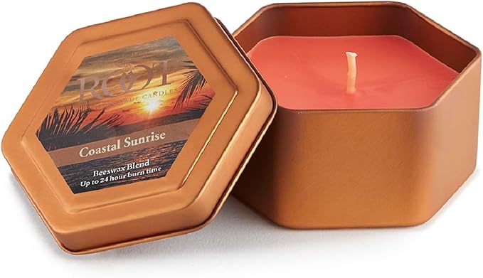 Root Candles Scented Candles in Travel Tin 24-Hour Honeycomb Traveler Handcrafted Beeswax Blend Candle, 4-Ounce, Coastal Sunrise