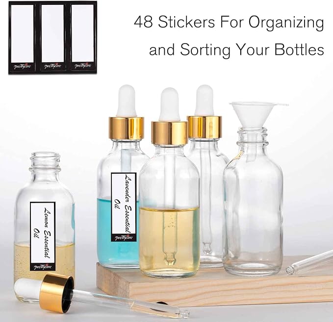 PrettyCare Glass Eye Dropper Bottle 2oz (60ml), 24 Pcs Clear Empty Thick Bottles Bulk with Leakproof Golden Caps - With Labels & Funnels for for Storage, Travel,Essential Oils, DIY Serums, Tincture