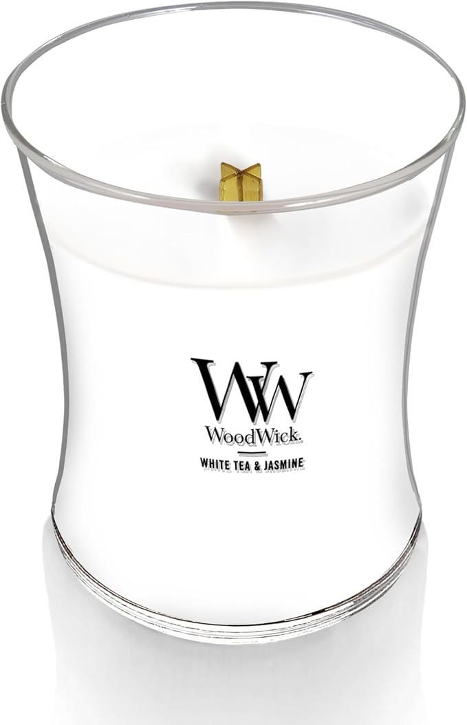 WoodWick White Tea & Jasmine Scented Medium Hourglass Candle, Crackles as it Burns, Great for Gifting, 9.7oz (Pack of 4)
