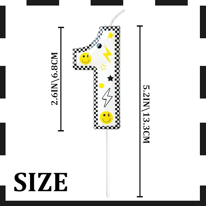 Number 1 Birthday Candle for Cake – 2.7 Inch Large Size Black White Checkered Smiley Design with Lightning & Star – One Happy Dude Theme Cake Topper Decoration