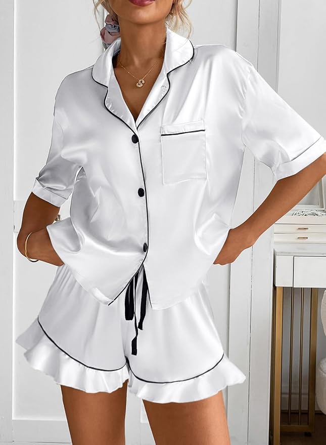 CHYRII Women's Silk Satin Pajamas Two Piece Pj Sets Short Sleeve Tops Ruffled Shorts Sleepwear with Magnetic Diffuser