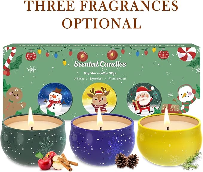 3 Pieces - Christmas Scented Candle Gift Set for Women - Bulk Merry Christmas Candles, Soy Wax Scented Candle Set, Small Cookie Jar Candle Jar with Lid for Home Bath Yoga Holiday Party Gifts