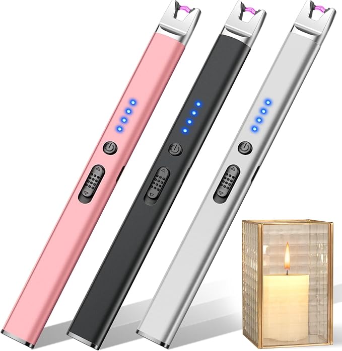LcFun 3 Pack Candle Lighter Electric USB Rechargeable Plasma Arc Lighters with Safety Lock, Windproof Flameless Long Matches Lighters for Candle, Grill, BBQ, Camping, Gas Stoves (Pink,Black,Silver)