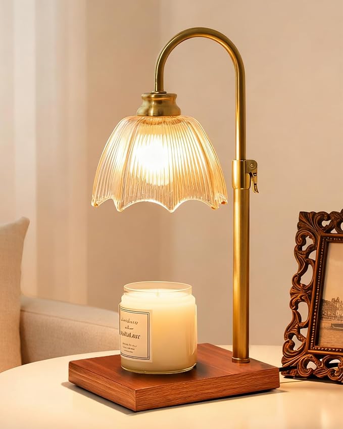 Farmhouse Candle Warmer Lamp with Timer Dimmable Adjustable Gold, Vintage Glass Wax Heated Lamp Wood Base for Large Jar Candles, Gifts for Mothers Day House Warming New Home Office Decor (Amber)