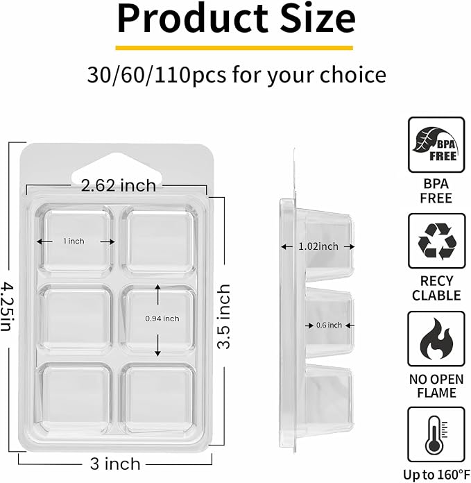 MGLIFEUL Wax Melt Container Clamshell Packaging Mold Box Stand for Plastic Clear Empty Wax Candle Melt Tart Packaging Cube Container Clamshell Mold Holder Organizer Tray Empty Shape Bulk wth Lid