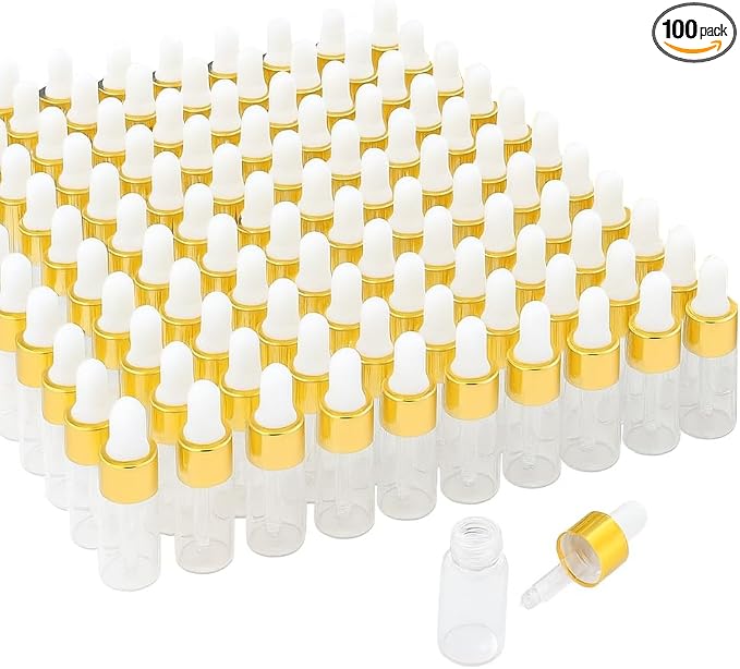 Small Dropper Bottle 3ml – 100pcs Clear Glass Bottles with Golden Collar for Essential Oils, Serums, Perfume Samples, Crafting, DIY Skincare, Travel