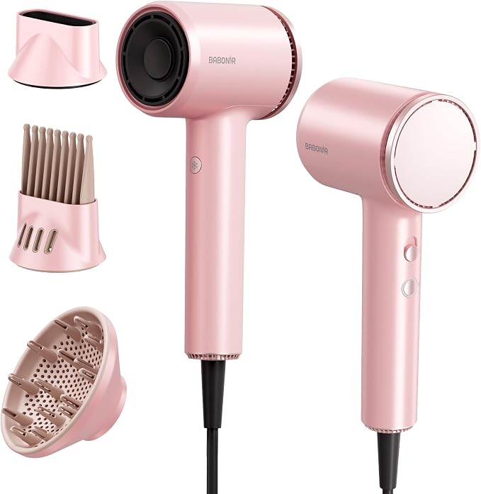 BABONIR Hair Dryer, 110,000 RPM High-Speed Brushless Motor for Fast Drying, 1875W Plasma Blow Dryer with Comb, Diffuser & Concentrator, 550 Million Ionic Hairdryer, Low Noise, for Travel, Salon, Pink