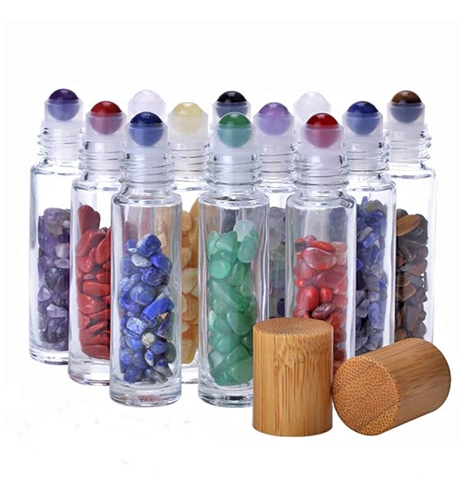 5 Pack 10ml Clear Roll On Bottles With Natural Chakra Crystal Chips for Essential Oils,Perfume Glass Roller Bottles Container Bamboo Lid,Crystal Roller,Pipette&Opener Included (Tiger Eye)