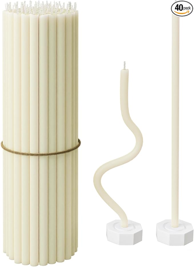BlueBee Pure Beeswax Candles Bulk for Home - 40pcs Tall Thin Taper Candles + 2 Holders, Honey Scent, Smokeless, Long-Burn, All Natural for Church Prayer, Hanukkah, Birthday Cake, Christmas Advent