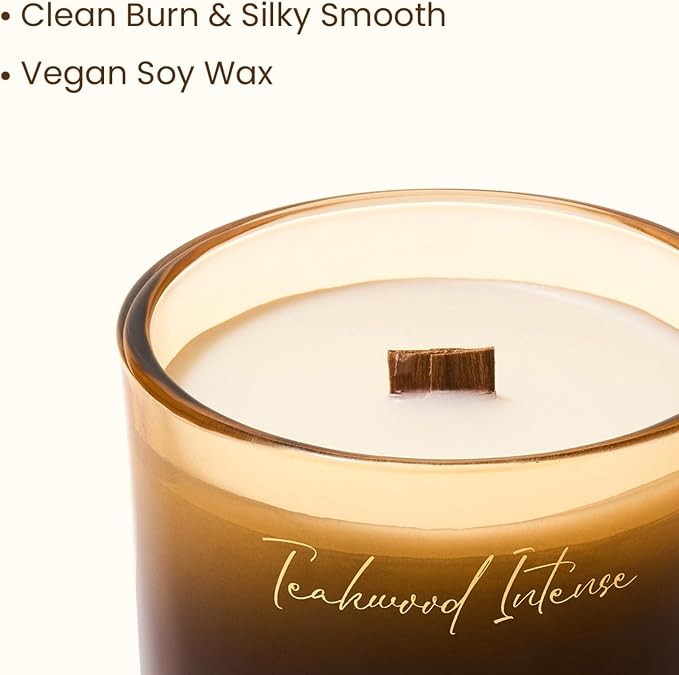 M&SENSE 9.9oz Natural Soy Wax Jar Candle with Wooden Wick | Teakwood Intense Scent | 55-Hour Burn & Long-Lasting Burn | Housewarming Gift for Men and Women