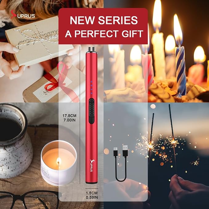 SUPRUS Electric Arc Windproof Flameless USB Rechargeable Lighter with Safety Lock for Candle (Red, 3 Packs)