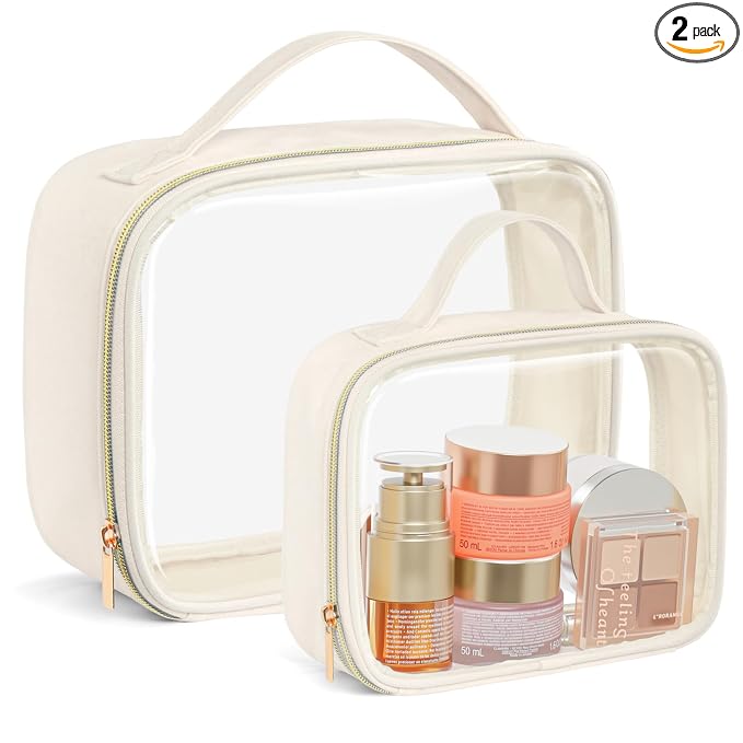 PACKISM Clear Makeup Bag Combo Pack, 1 TSA Approved Medium & Large for Checked Luggage, Clear Toiletry Bag with Handle, Water-resistant Travel Essentials Organizer, Creamy Off-White