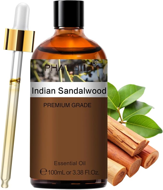 PHATOIL Indian Sandalwood Essential Oil, Pure Premium Natural Oil for Hair Care, Body Skin Care, Aromatherapy, DIY Candle, Soap Making 3.38Fl Oz