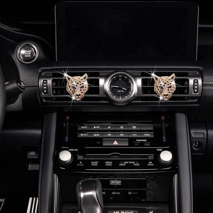 2 Pcs Bling Leopard Air Vent Clips, Crystal Leopard Car Air Fresheners Vent Clips Car Diffuser Vent Clip Rhinestone Decoration Interior Decor Diamond Bling Accessories for Women (Golden)