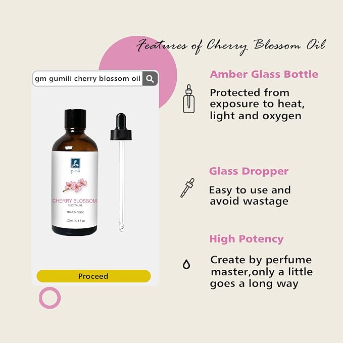 GM Gumili Cherry Blossom Essential Oil, Fragrance Oil for Candle Soap Making, Perfume for Women, Gift for Her - 3.38 Fl Oz 100ml