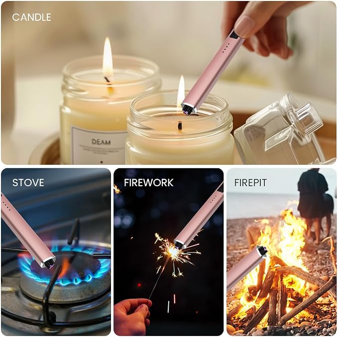 2 Pack Dual Arc Candle Lighter, USB-C Rechargeable Electric Igniter for BBQ Grill, Windproof Flameless Long Neck Plasma Lighter, Black & Rose Gold