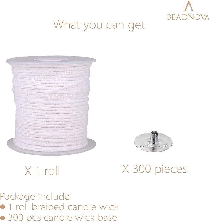 BEADNOVA Braided Candle Wick Spool with Base Set 200 ft Cotton Candle String Roll and 300pcs Wick Clips Sustainer Tabs for Making DIY