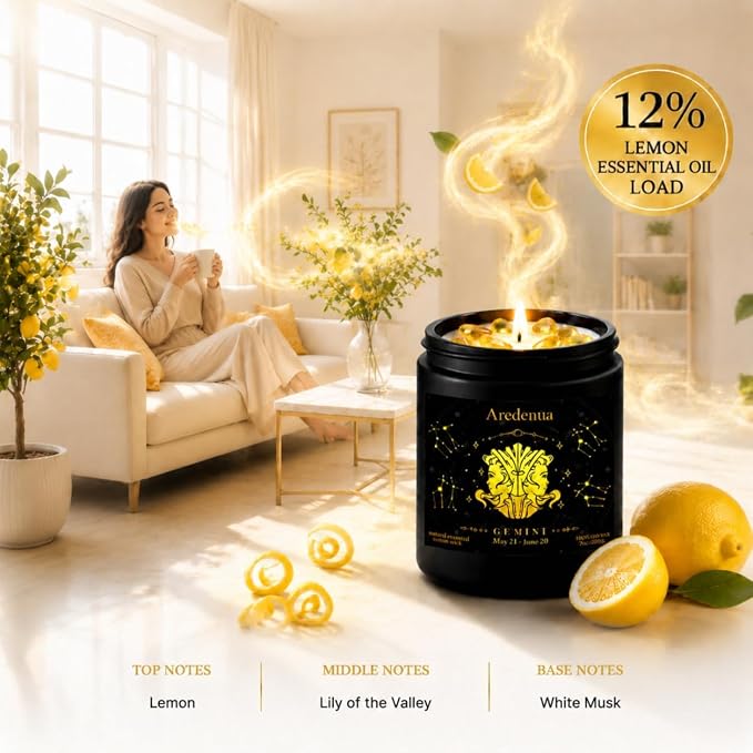 Gemini Birthday Gifts for Women | Zodiac Crystal Candle with Genuine Citrine Healing Crystals, Lemon Scented Soy Candle 7oz 50 Hour Burn for Anxiety Relief, Unique Astrology Gifts for Gemini
