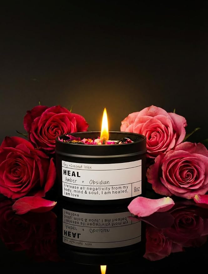 HEAL Candle Gift, Obsidian & Amber, Self Care, Comfort Gift for Her, Thinking of You, Stress Relief, Meditation Candle, (8oz)