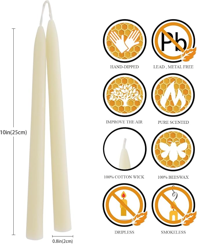 DEYBBY 10 inch Natural White Beeswax Taper Candles Set of 6, Smokeless and Dripless Pure Organic Beeswax Candles Bulk for Anniversary Wedding Dinner Home Decor Emergency Housewarming Gift, 8-9Hrs Burn