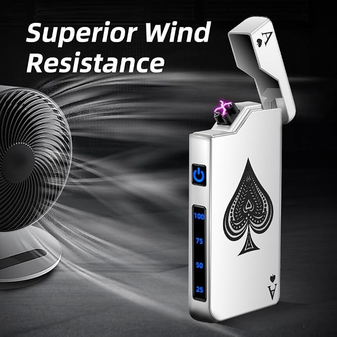 LcFun Electric Lighter - Rechargeable USB, Dual Arc Plasma, Windproof Flameless, Pocket Metal Lighter with LED Battery Indication for Candles, Camping (Silver Ace)