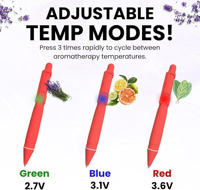 Aromatherapy Writing Pen Battery with Real Ink Tip and Hidden Diffuser Port, Soft Touch Ballpoint for Note Taking, Signature, and On-The-Go Relaxation, Rechargeable Wellness Gift for Office (Red)