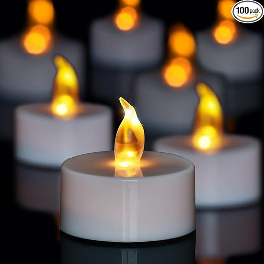 100 Pack LED Tea Lights Bulk, Realistic Flickering Battery Candles (200+ Hours), Warm Amber Flameless Votives for Church Vigils, Restaurant Ambiance, Spa & Wedding Reception (Warm Yellow)