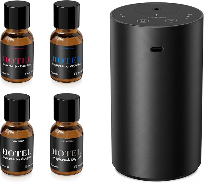 Airversa Waterless Essential Oil Diffuser Starter Kit with 4 x 10mL Hotel Scent Fragrance Oil, Aluminum Housing, Battery Operated Mini Scent Air Portable Diffuser for Home Car Office, ADX Kit Black