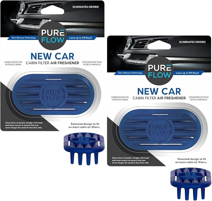 PUREFLOW Cabin Filter Air Freshener with Odor Eliminator – Fits on Most Car, Truck, and SUV Cabin Air Filters - New Car (2-Pack)