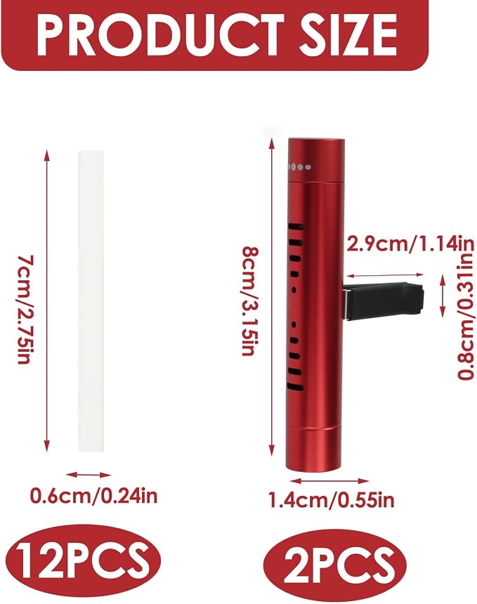 2 Pack Car Essential Oil Diffuser Vent Clip, Aluminum Essential Oil Car Diffuser Vent Clip Kit with 12 Pcs Odorless Sticks, Vent Clip for Cars, Office, Kitchen (Red, 2 Pcs)