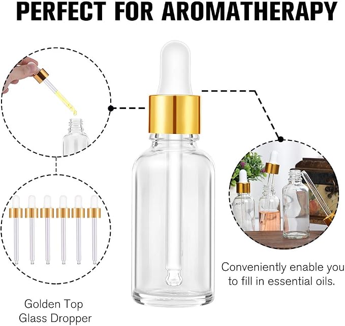 PrettyCare Glass Eye Dropper Bottles 24 Pack, 1oz (30ml) Clear Empty Thick Bottles Bulk with Leakproof Golden Caps - With Labels & Funnels for Storage, Travel, Essential Oils, Cuticle Oils, Tinctures