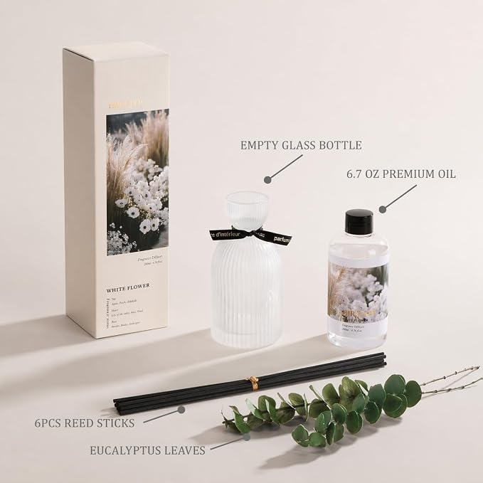 Airkeep Reed Diffuser Set 6.76 oz – White Flower Decorative Home Fragrance with Eucalyptus Sticks, Ribbed Glass Diffuser for Bathroom & Bedroom Décor, Gift Ready