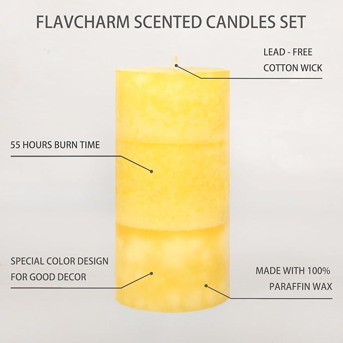 3 x 6 Inches Pillar Candles Lemon Scented Yellow Decorative Rustic Candles Citrus Scent Clean Burning Hand-Poured Large Candles Decorative for Home Aesthetic Relax Spa Bathroom