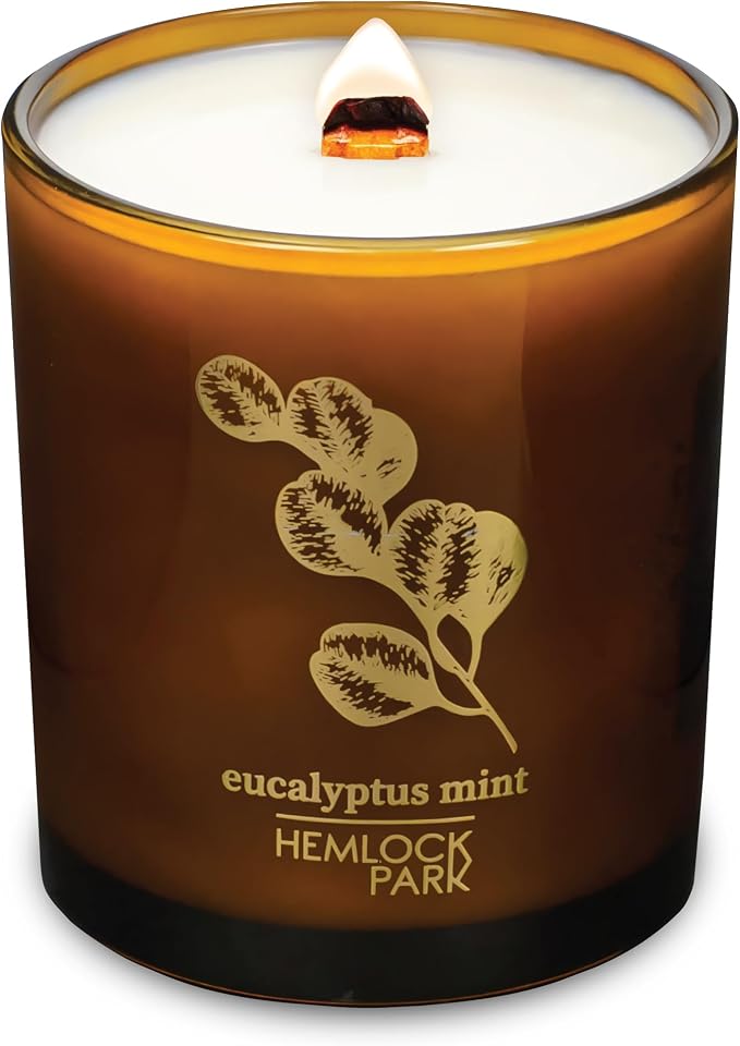 Hemlock Park Eucalyptus Mint Amber & Gold Scented Candle | Crackling Wood Wick, Botanical Fragrance & Coconut Apricot Wax | Up to 70 Hour Burn Time | 14 oz | Made in USA