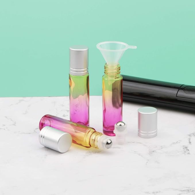 10Pcs Glass Rolling Bottles Set, 10ml (1/3oz) Yellow Rose Gradient Roll on Vials with Funnels for Essential Oil Aromatherapy Perfume Liquid Massage